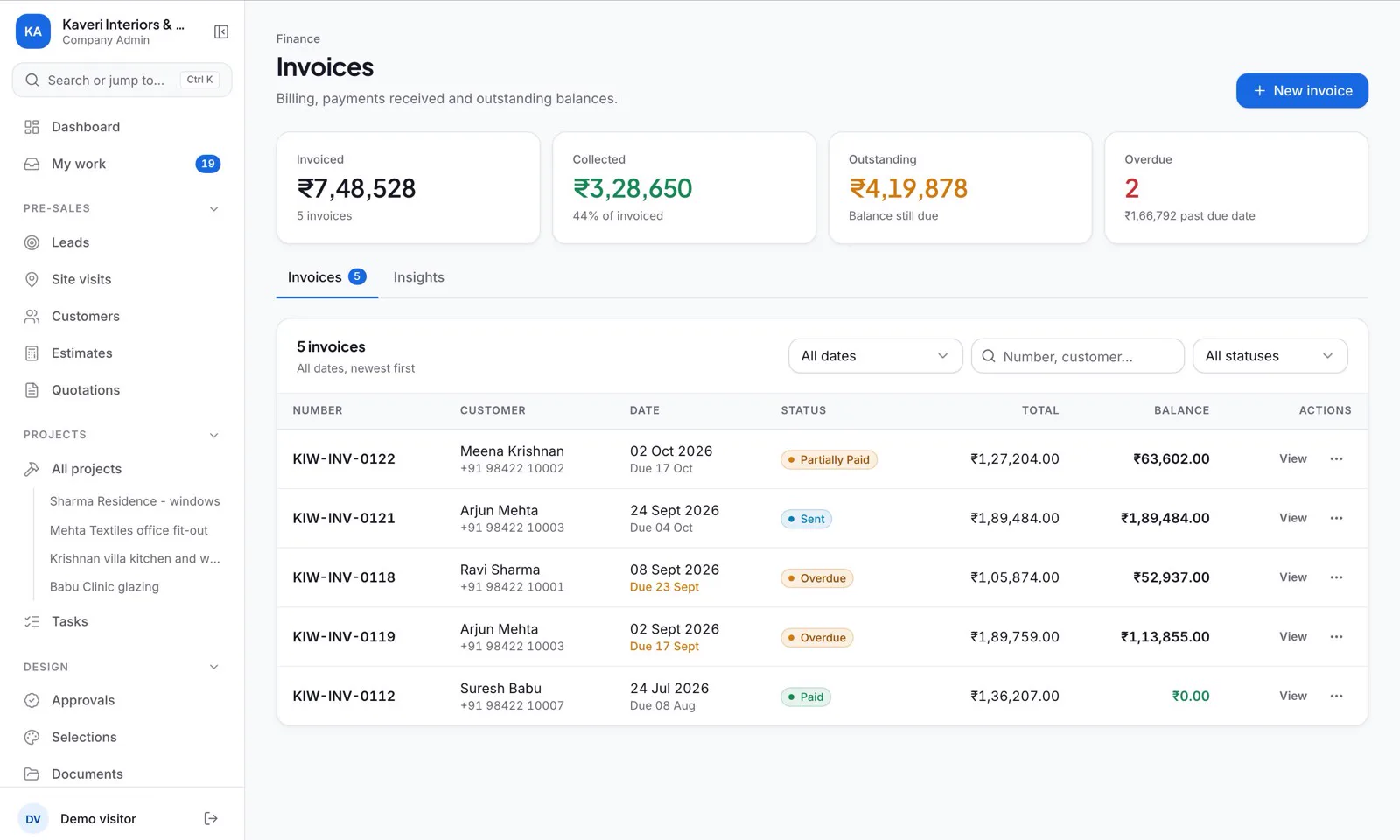 Inbecto invoices screen for a sample company, listing invoices with customer, date, status, total and balance