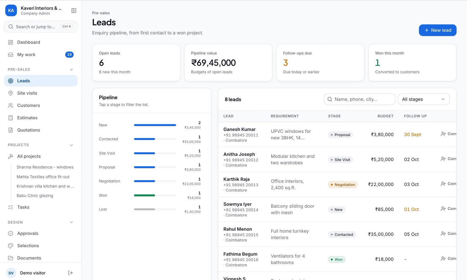 Inbecto leads screen for a sample company, showing the enquiry pipeline by stage with budgets and follow-up dates