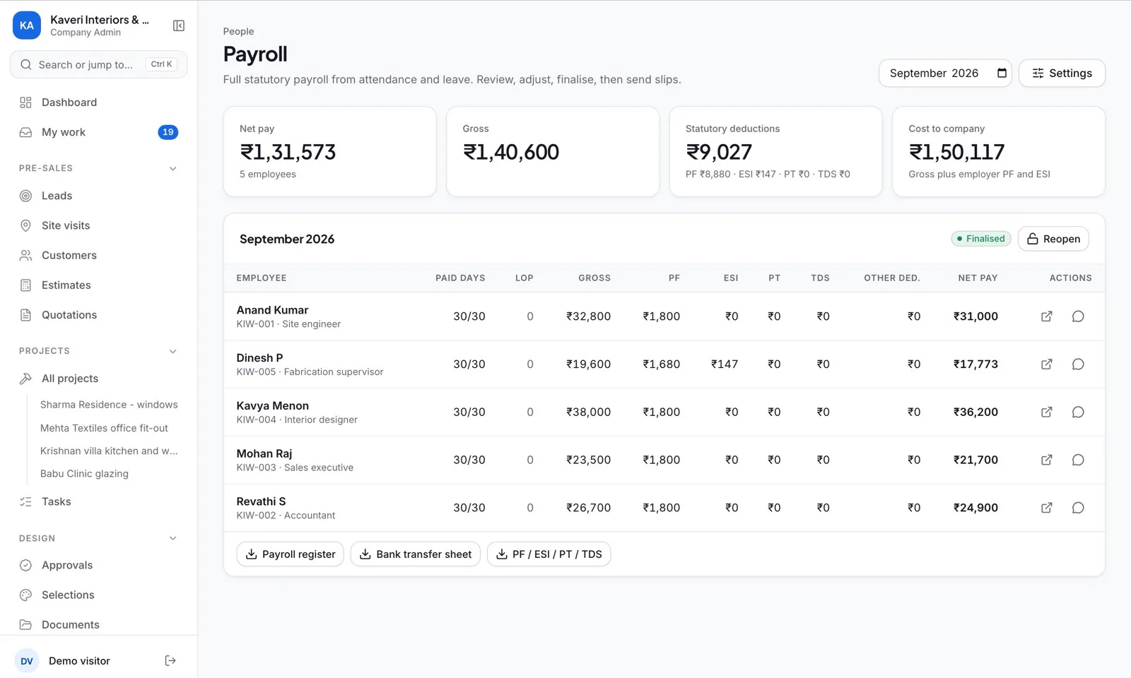 Inbecto payroll screen for a sample company, with monthly gross, statutory deductions and net pay for five employees