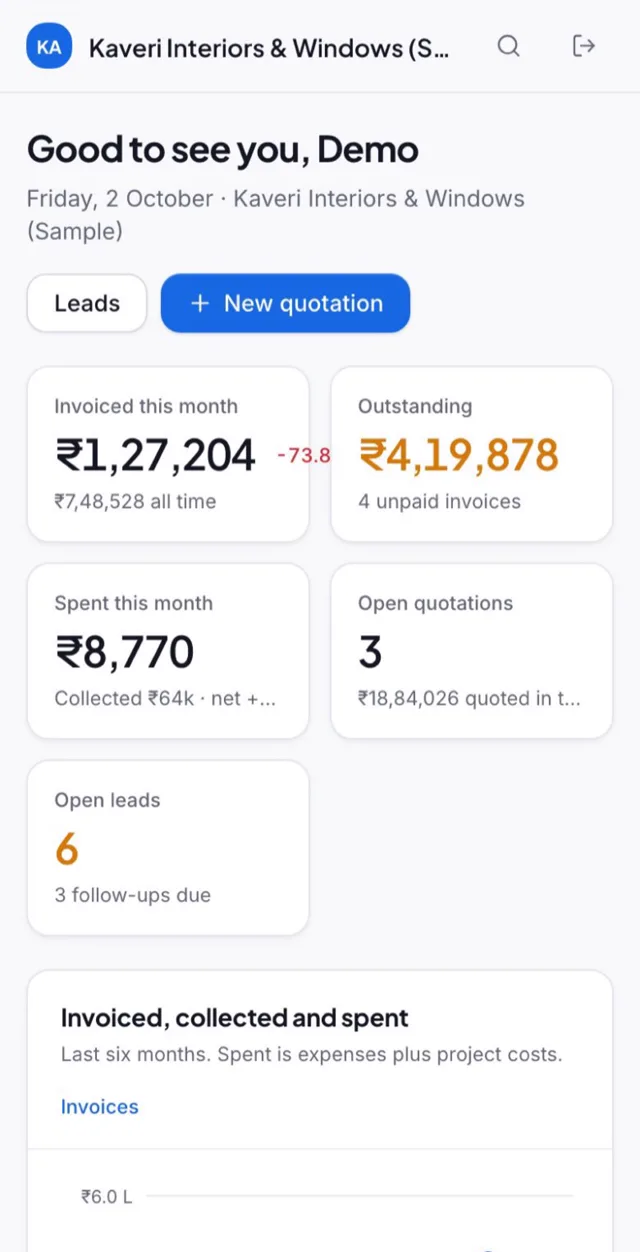 Inbecto dashboard on a phone for a sample company, with invoiced this month, outstanding, spent, open quotations and open leads