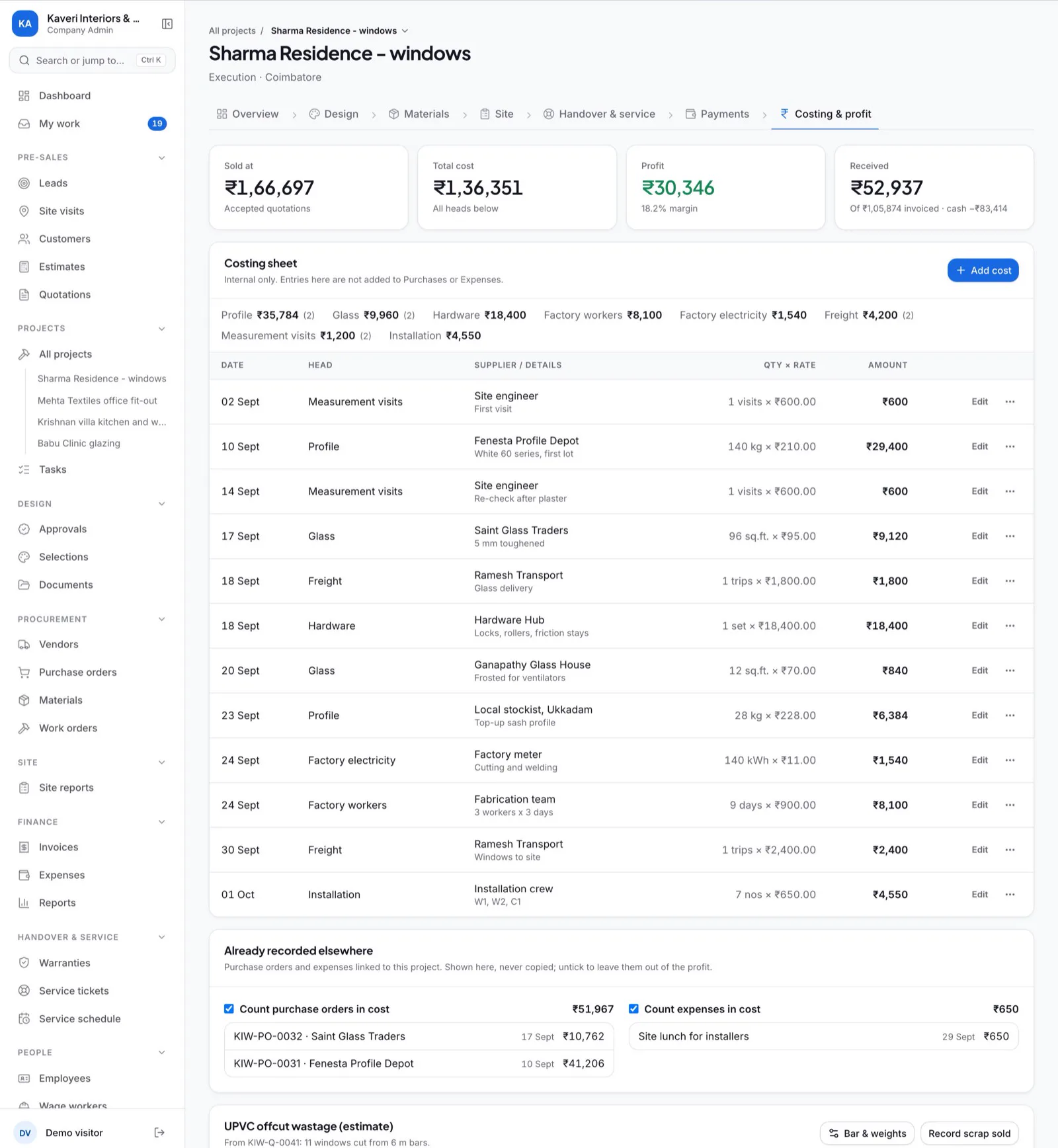 Costing and profit screen for a sample window project, with sold at, total cost, profit and money received above the costing sheet