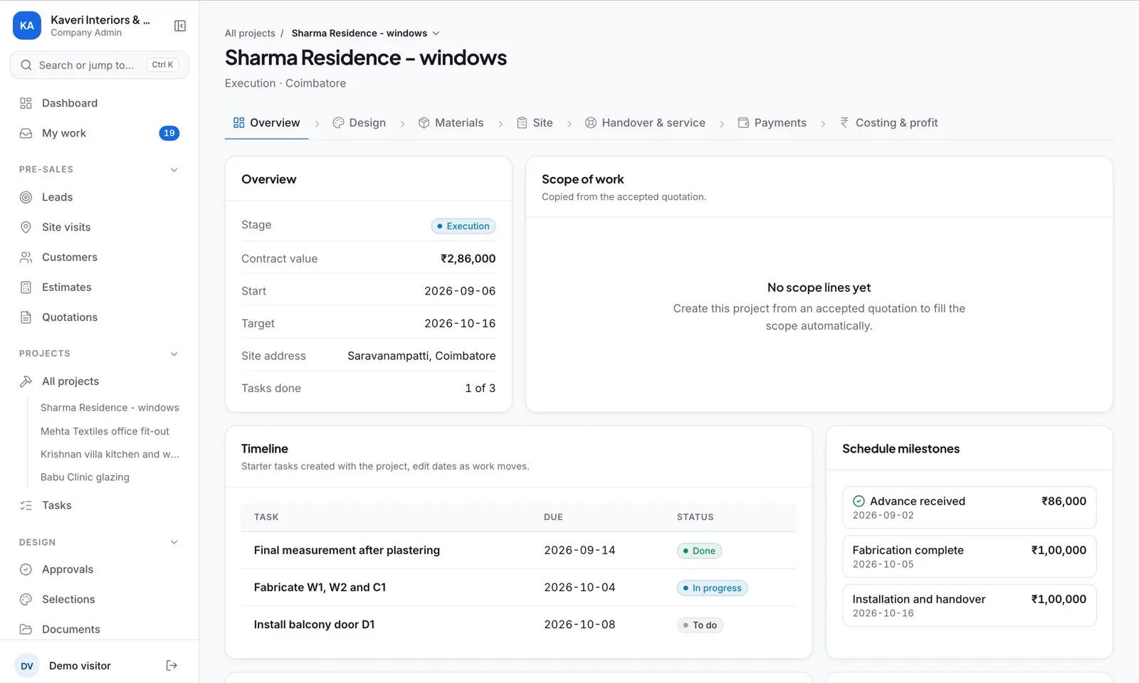 Inbecto project overview for a sample window job, with stage, contract value, dates, a task timeline and schedule milestones