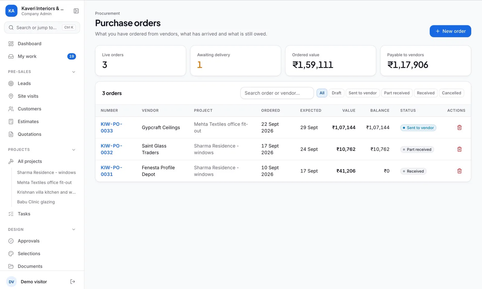 Inbecto purchase orders screen for a sample company, listing orders with vendor, project, value, balance and status