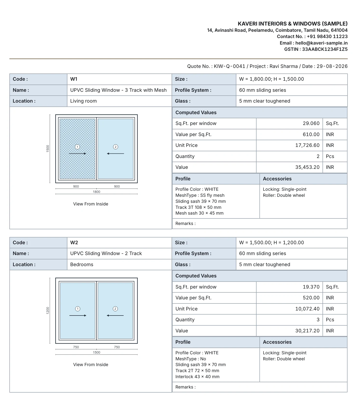 Page two of a UPVC window quotation made in Inbecto for a sample company: the letterhead, then a block for window W1 with its drawing, sizes in millimetres, profile, glass, hardware, and the computed area and price