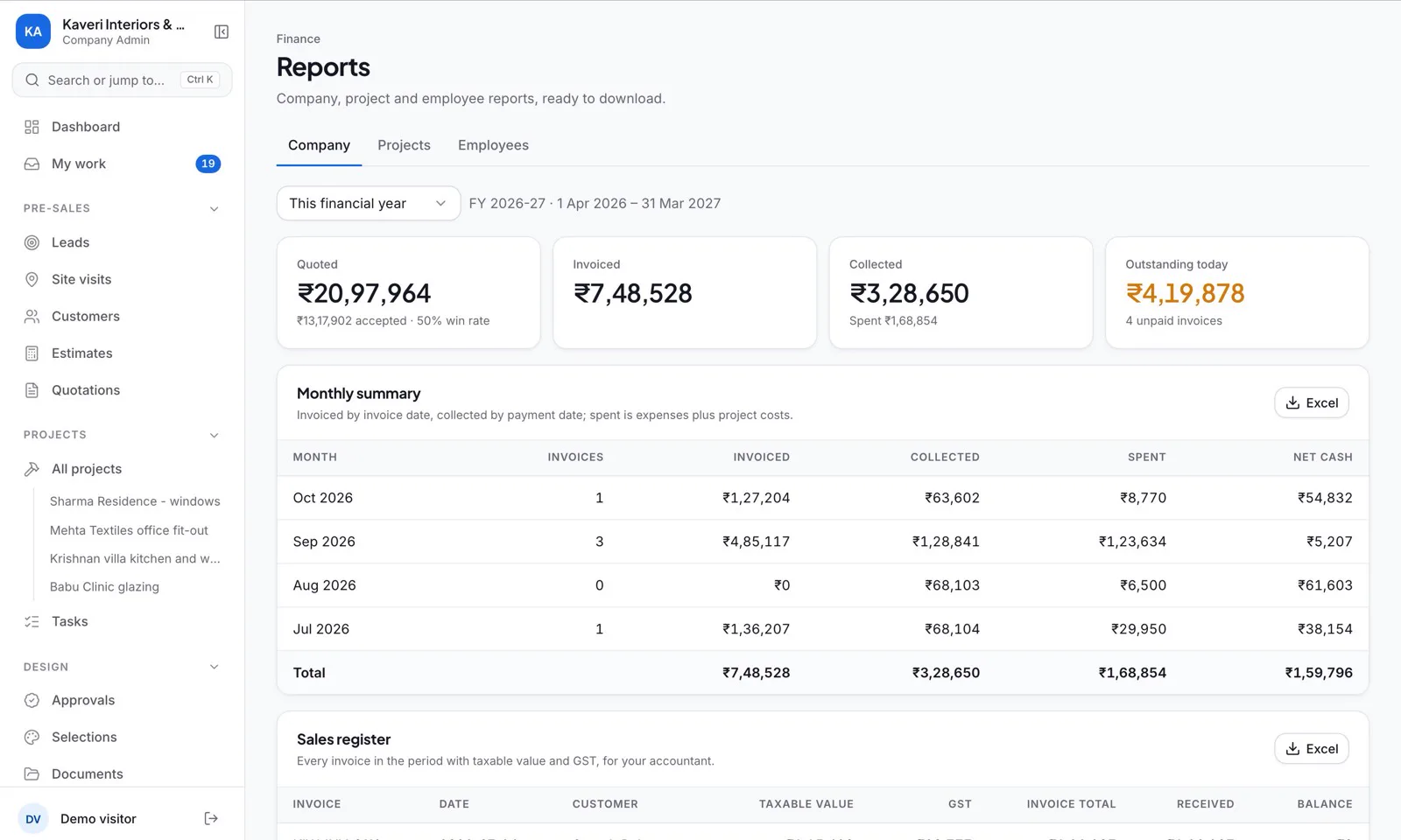 Inbecto reports screen for a sample company, with quoted, invoiced, collected and outstanding totals, a monthly summary and Excel download buttons
