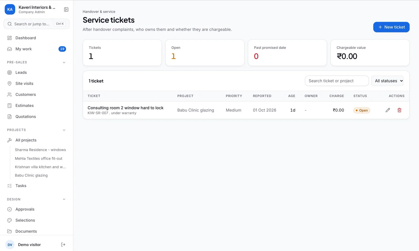 Inbecto service tickets screen for a sample company, with one open ticket for a window that is hard to lock